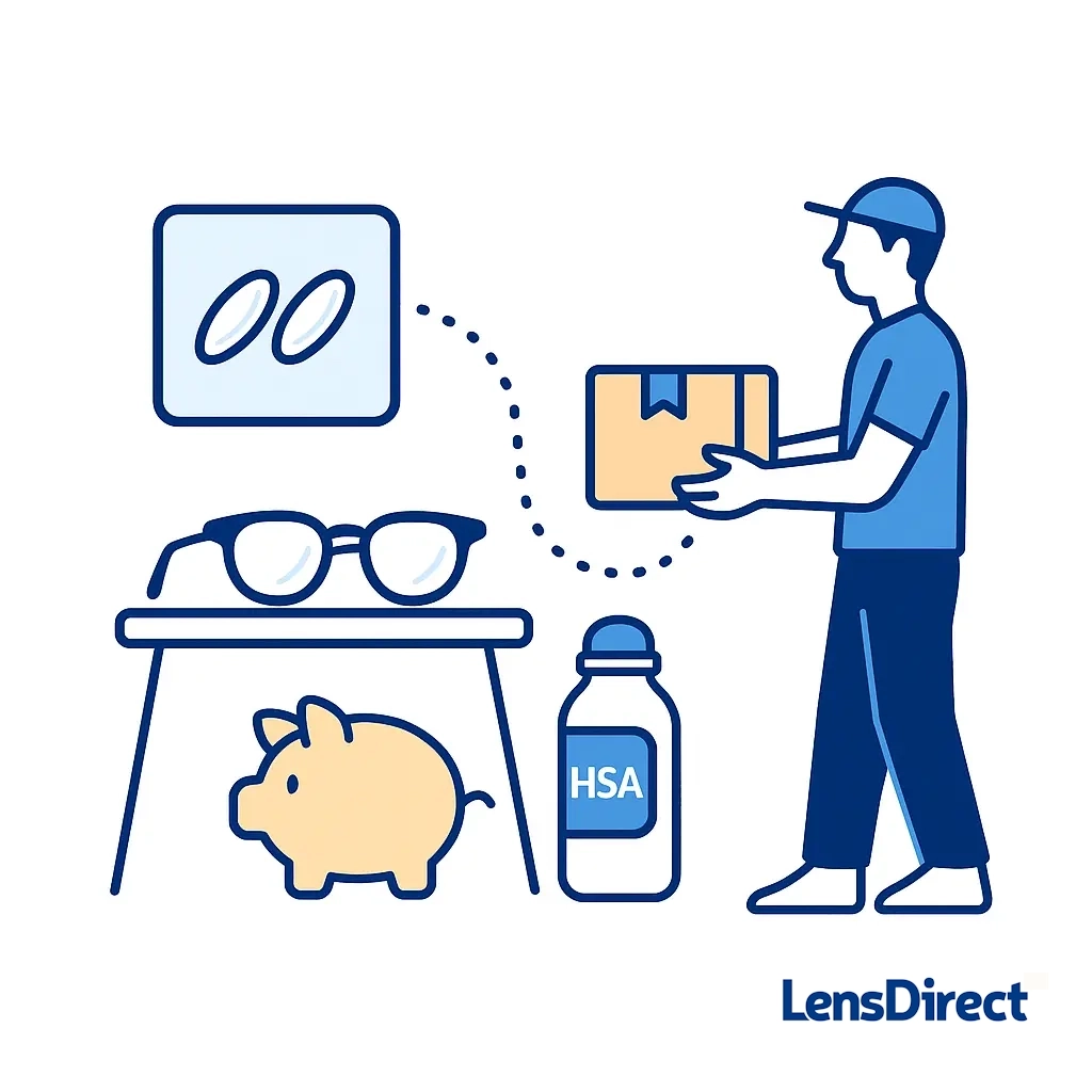 Minimal line art of a courier delivering replacement lenses to a waiting eyeglass frame with dotted lines connecting the delivery to the frame.