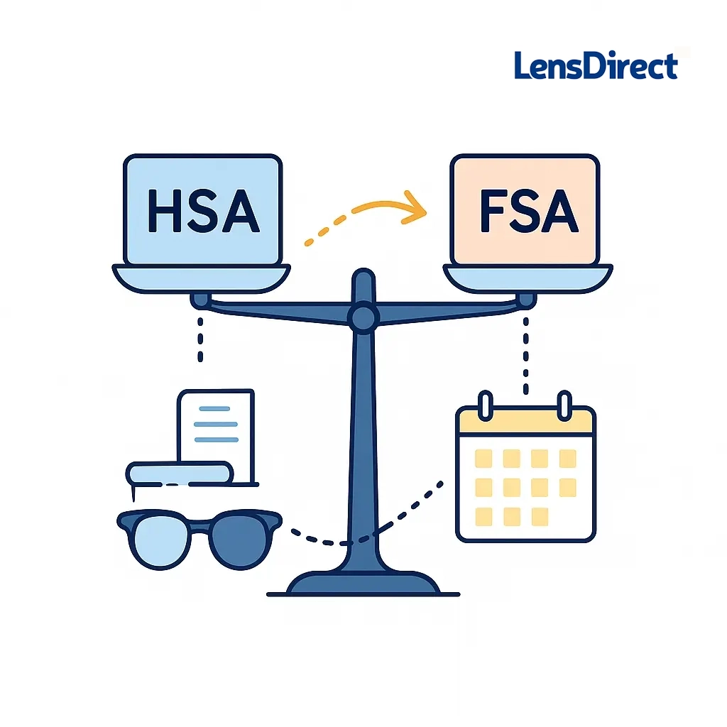 Illustration of a balanced scale with boxes labeled HSA and FSA, showing rollover and year-end expiry differences using dotted lines and a calendar.