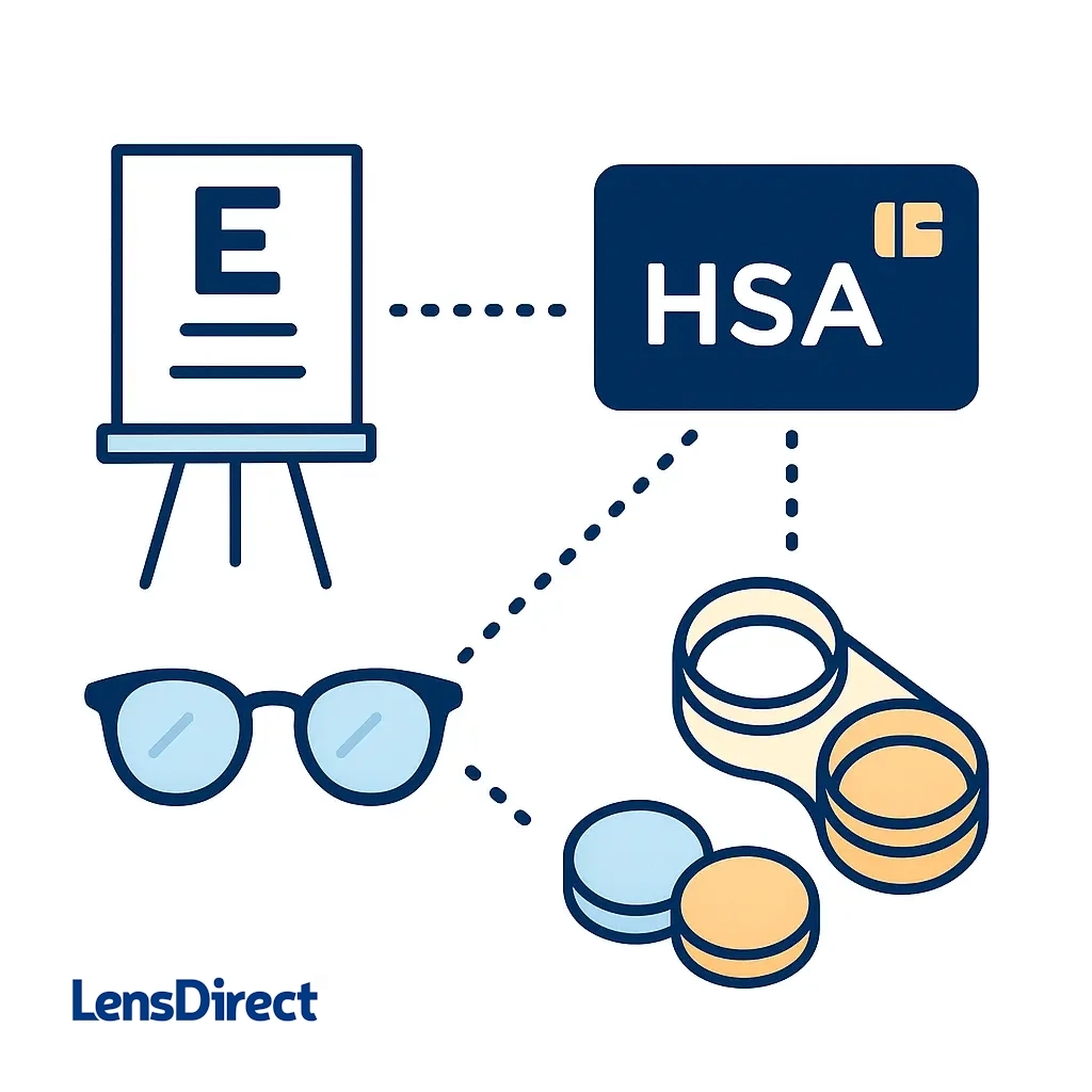 Minimalist illustration showing an eye exam chart, glasses, and a contact lens case connected to an HSA card to represent eligible vision expenses.