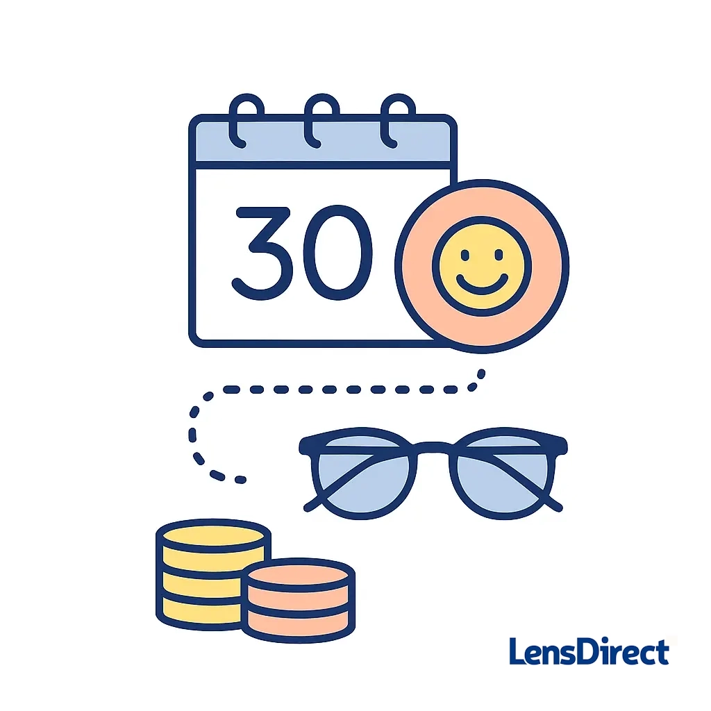 Minimalist illustration of a calendar with day 30 highlighted and a smiley face connected by dotted lines to glasses, symbolizing a satisfaction guarantee.