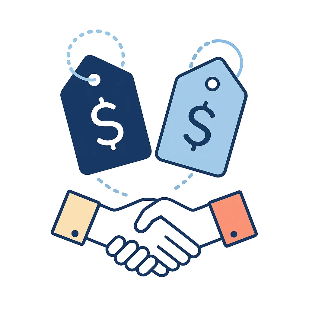 Illustration of two price tags being compared with a handshake motif and dotted lines, symbolizing a price match guarantee.