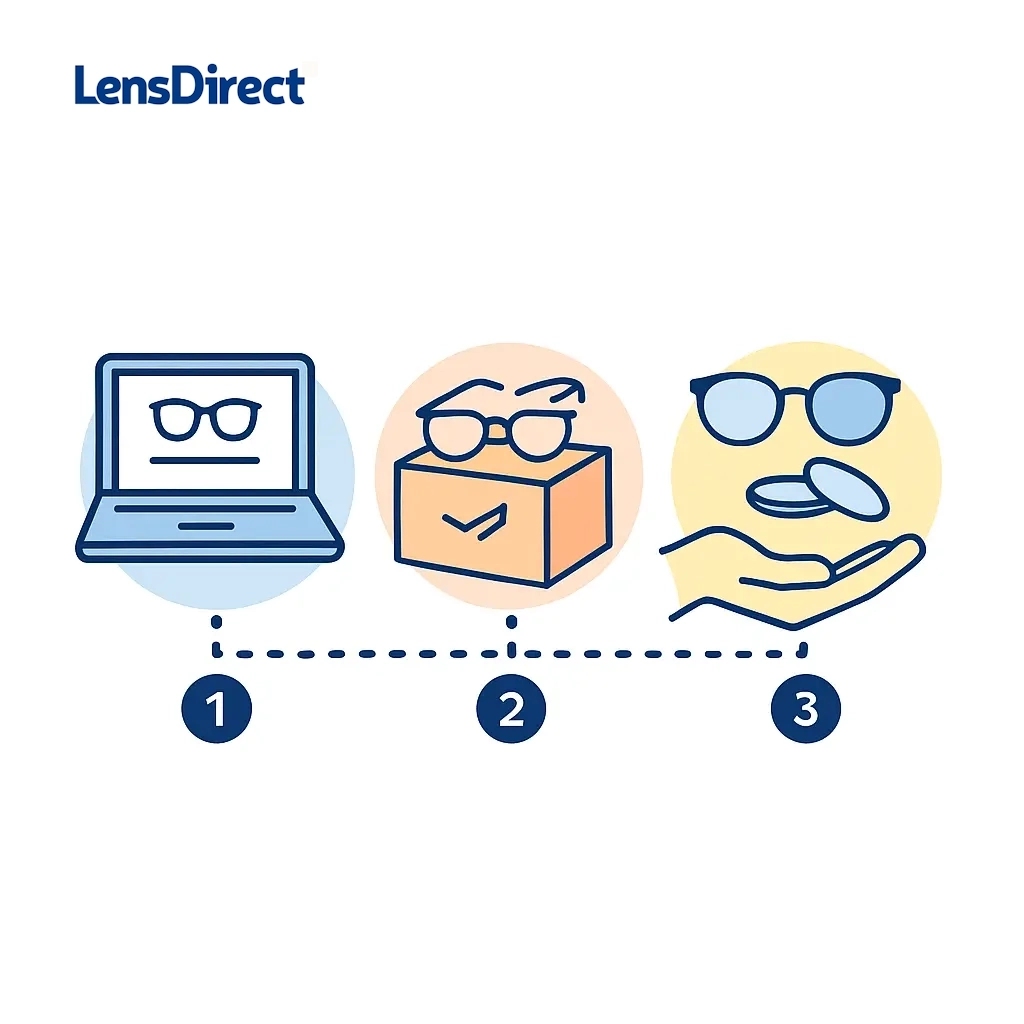 Infographic of three circular icons linked by dotted lines showing ordering lenses, mailing frames, and receiving new lenses, labeled steps 1–3.
