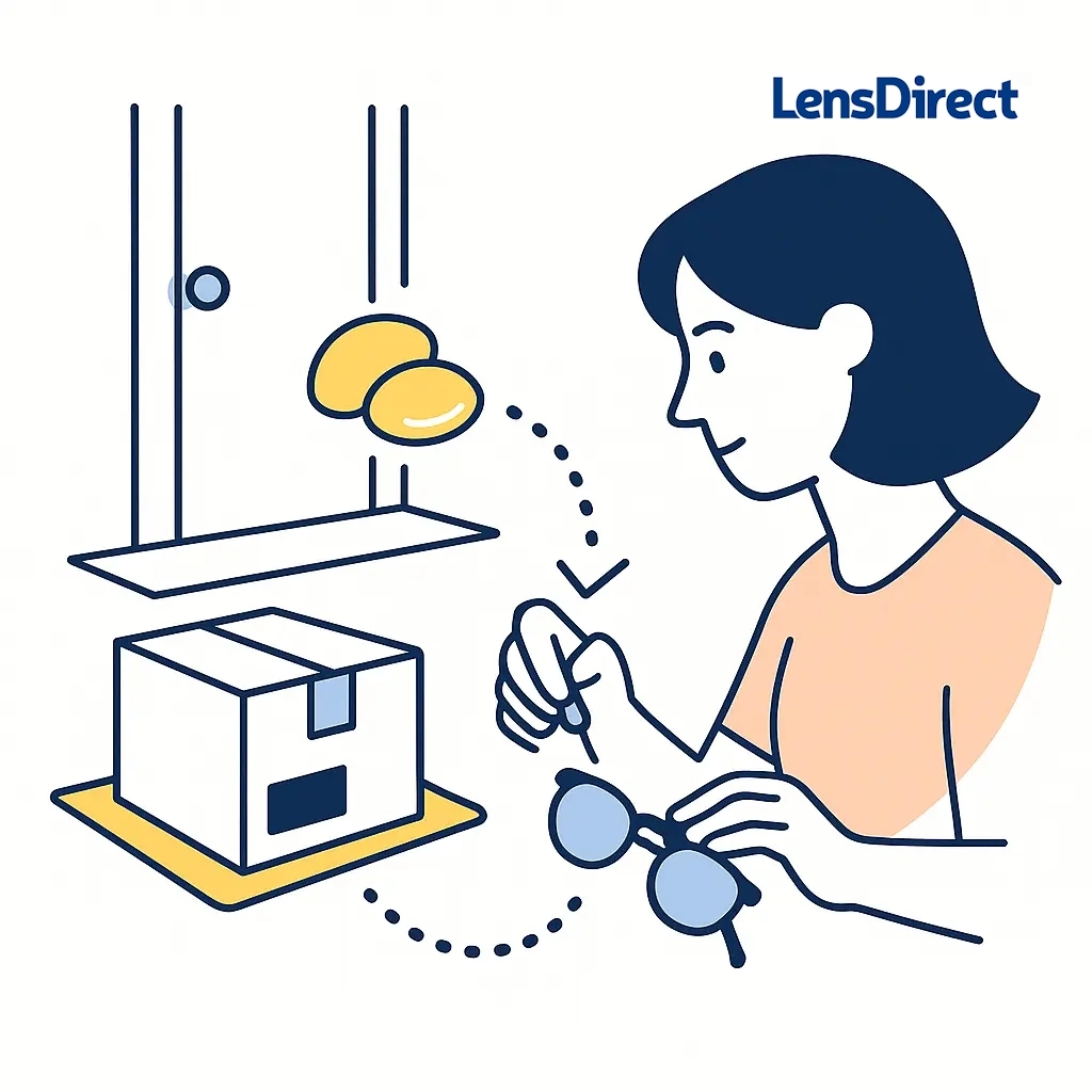 Line art of a package delivering replacement lenses and a person inserting them into frames at home, connected by dotted lines.