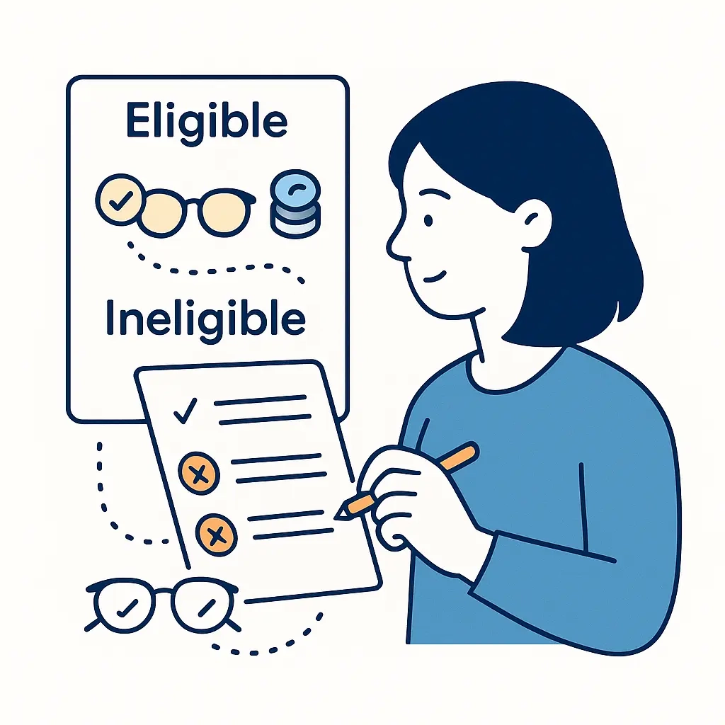 Illustration of a person reviewing a checklist with eligible and ineligible items, with check marks and crosses and dotted lines emphasizing correct choices.