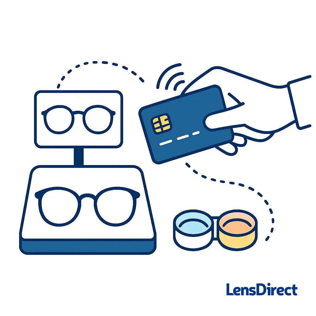 Line art of a hand making a contactless payment with a blue debit card at an optical store counter, linking the card to glasses and contacts.