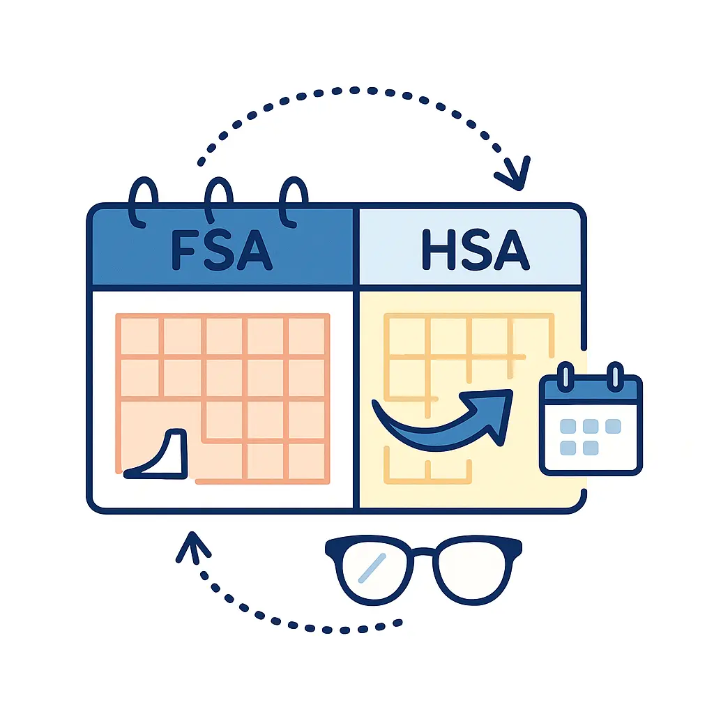 Illustration of a split calendar with an FSA side tearing off at year-end and an HSA side looping to next year, connected by dotted lines.