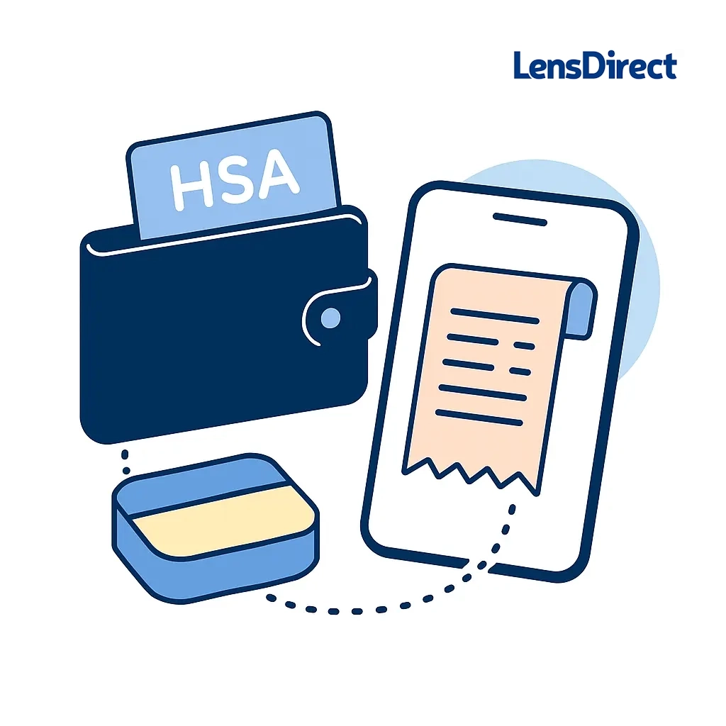 Line art of a wallet with an HSA card and a smartphone capturing a receipt, connected by dotted lines to show streamlined documentation.