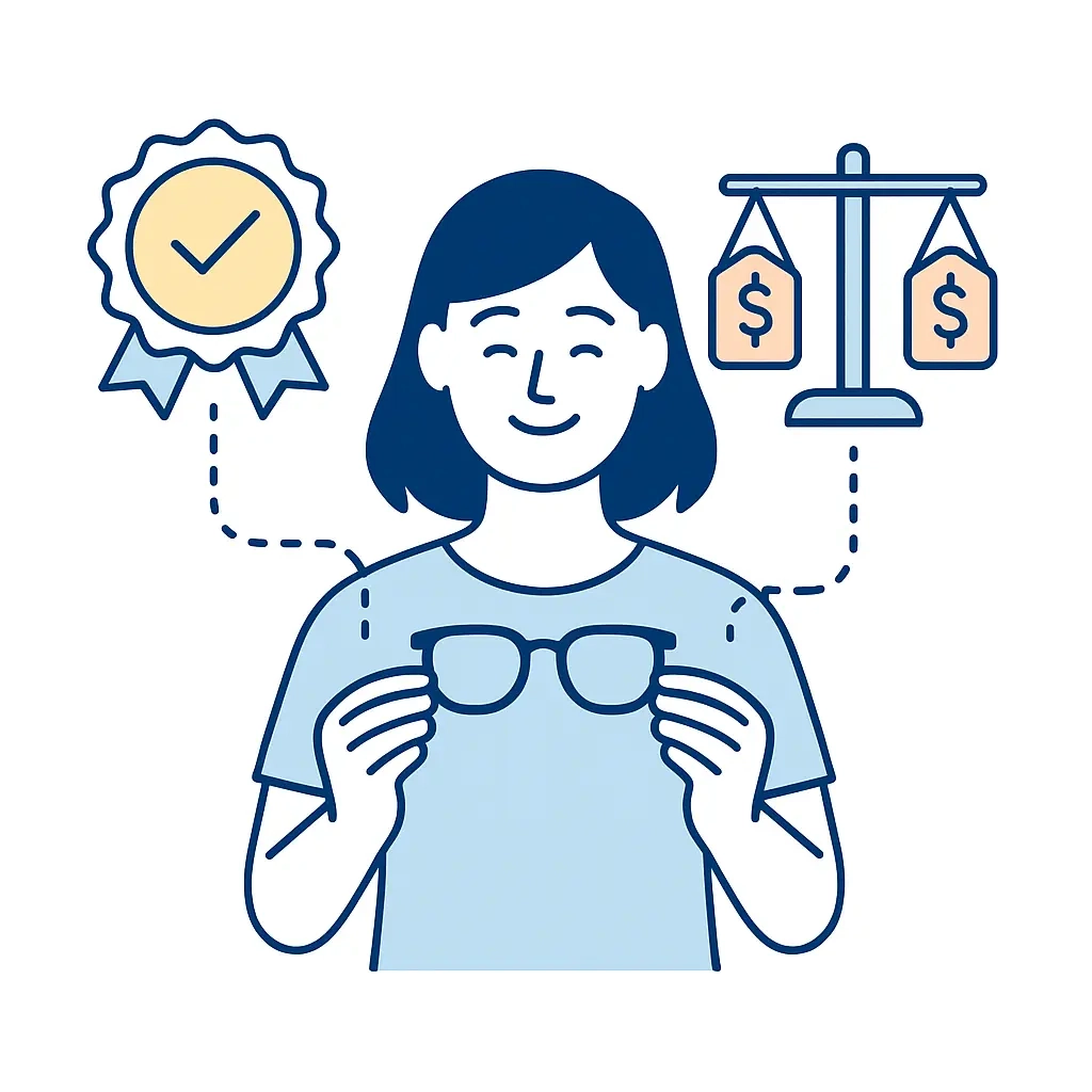 Illustration of a smiling customer holding glasses with a guarantee badge and price tags balanced on a scale to signify satisfaction guarantee and price match.