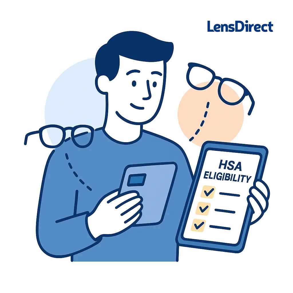 Minimalist line art of a person checking an HSA eligibility checklist on a tablet while holding glasses, connected by dotted lines.