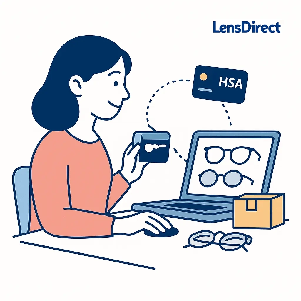 Illustration of a person shopping for glasses on a laptop with an HSA card ready for payment, connected by dotted lines.