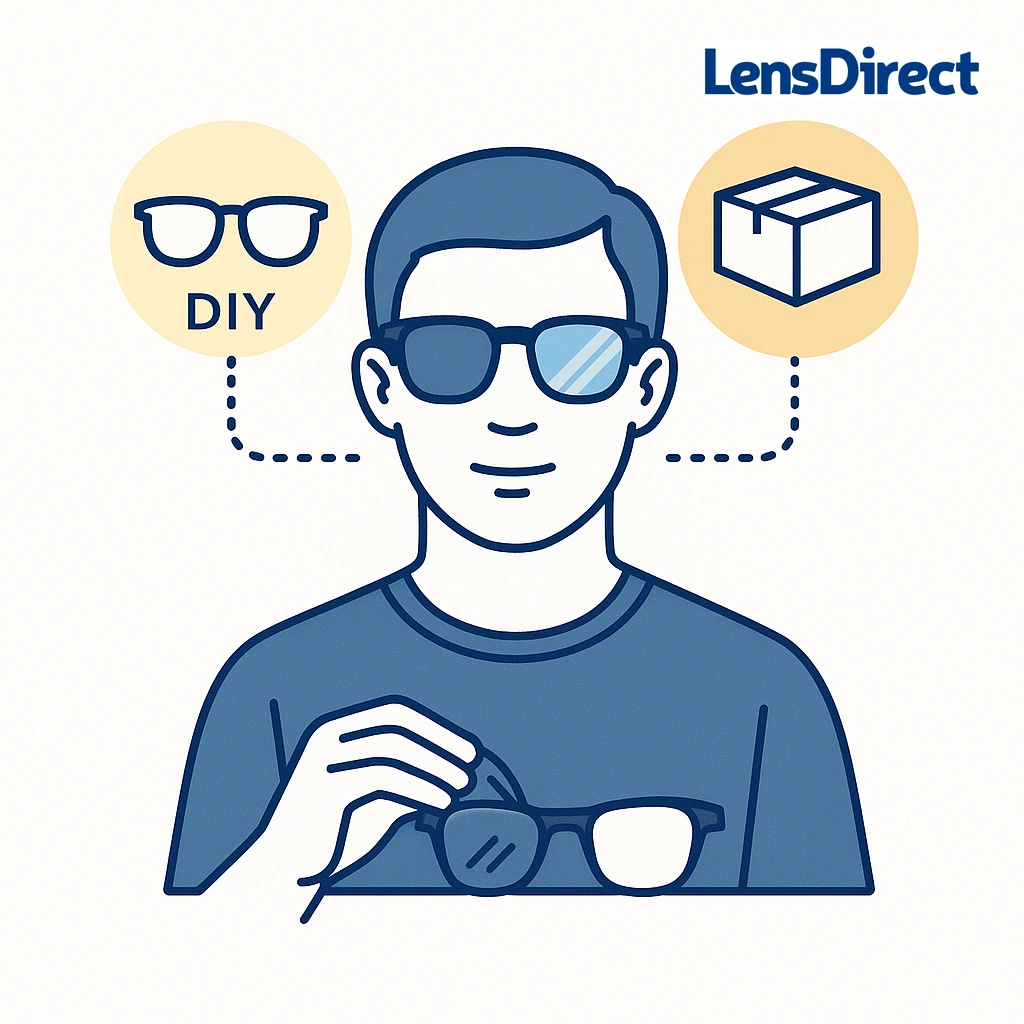 Illustration of a person wearing smart glasses with paths representing DIY and mail‑in lens replacement options.
