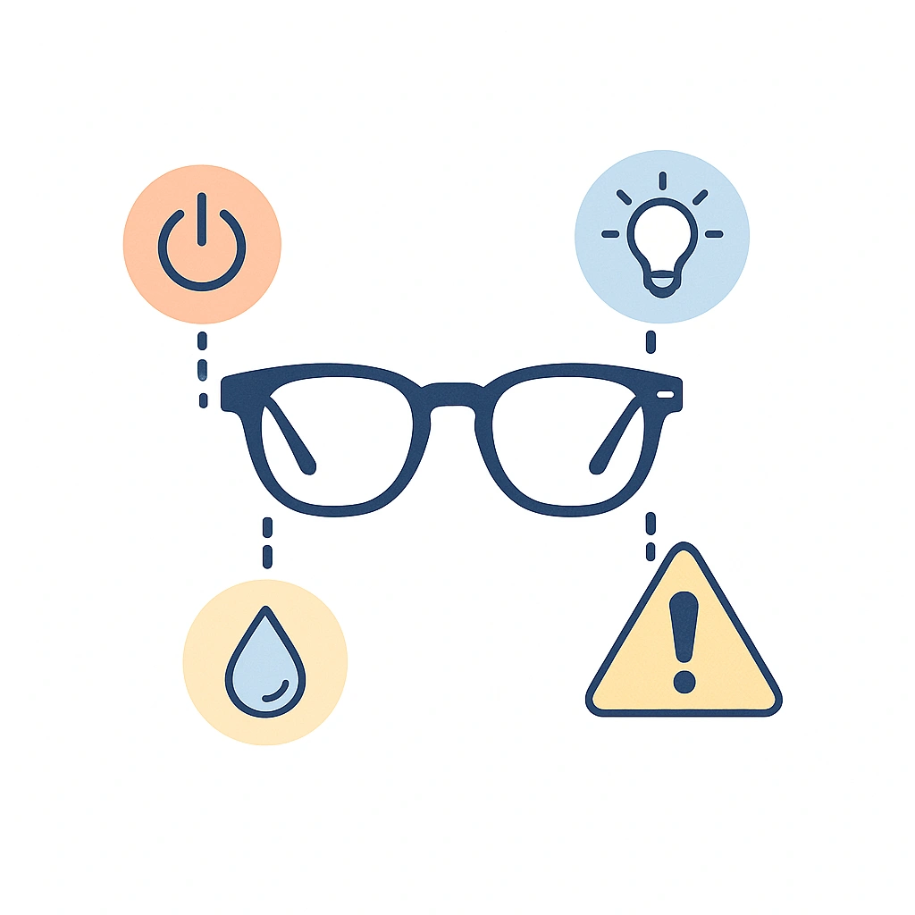 Illustration with power, light, water and caution icons connected to a smart glasses frame.