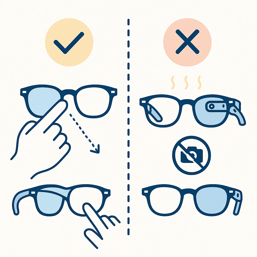 Comparative illustration showing correct lens removal techniques versus common mistakes like heating the frame.