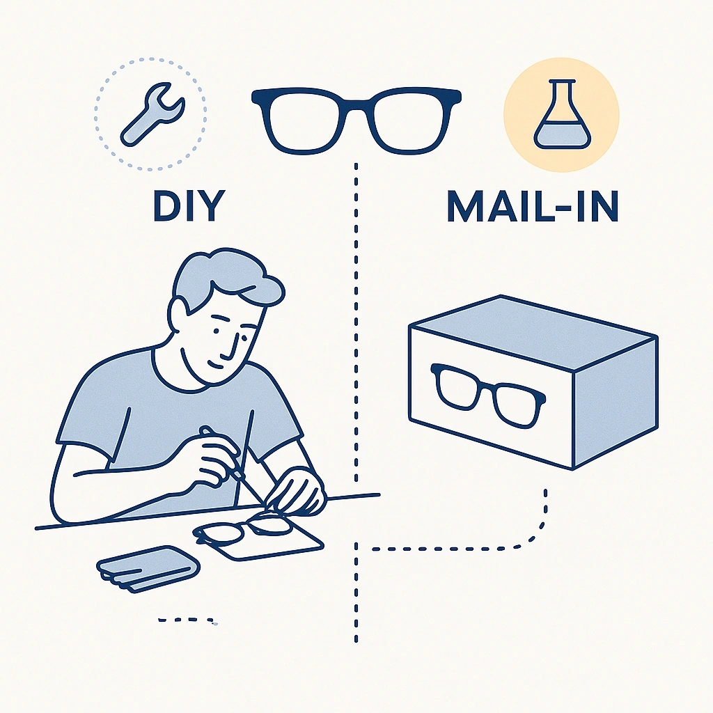 Illustration dividing the frame into DIY and mail-in columns with icons for at-home tools and lab services.