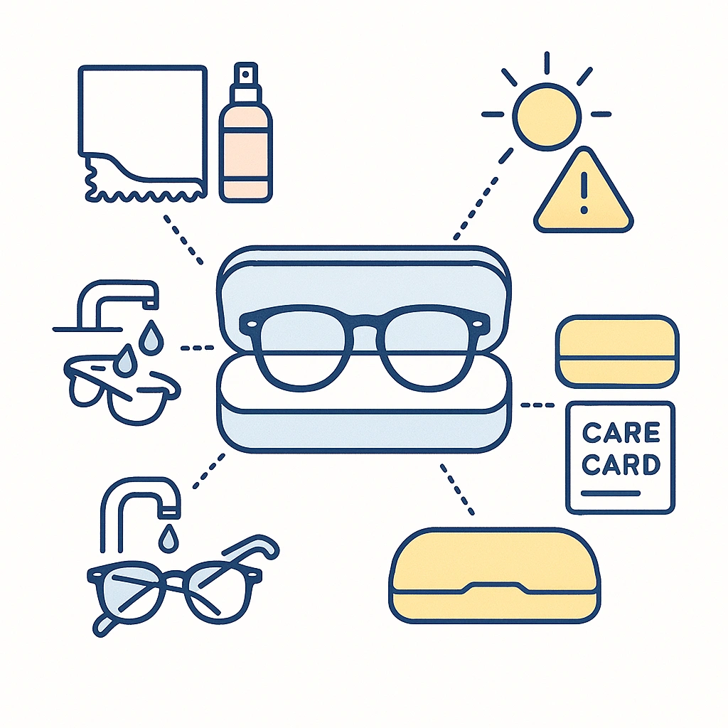 Illustration showing a glasses case surrounded by icons for cleaning cloths, rinsing with water, avoiding heat and reading the care card.