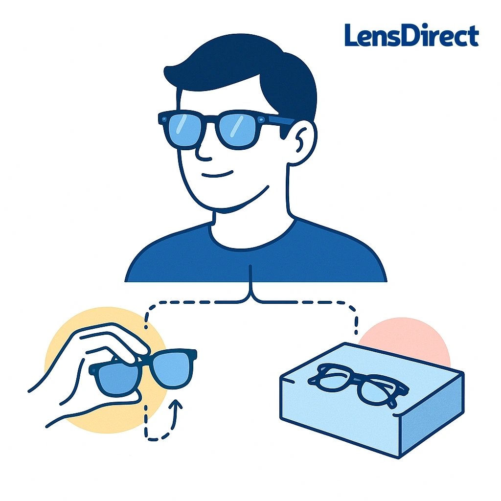 Split-screen illustration comparing at-home lens swap and mailing glasses to a professional lab.