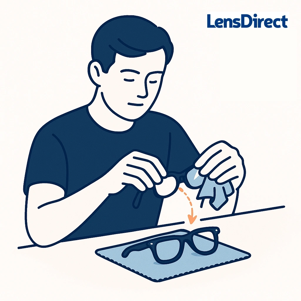 Illustration of an at-home Ray-Ban Meta lens swap with hands popping out the lens on a padded surface.