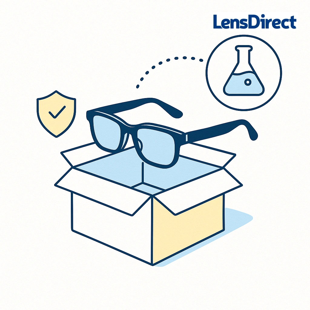 Infographic showing icons for progressive, polarized, and photochromic lenses connected to smart glasses.