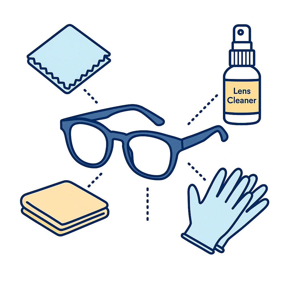 Illustration showing microfiber cloth, towel, lens cleaner, and gloves around Ray-Ban Meta glasses.