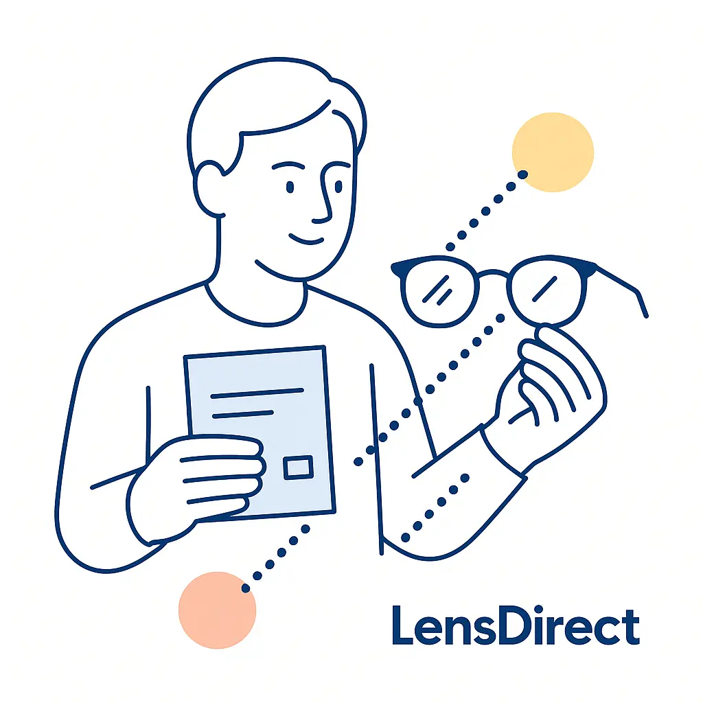 A person holds an eyeglass prescription and glasses, linked by dotted lines to illustrate understanding vision prescriptions.