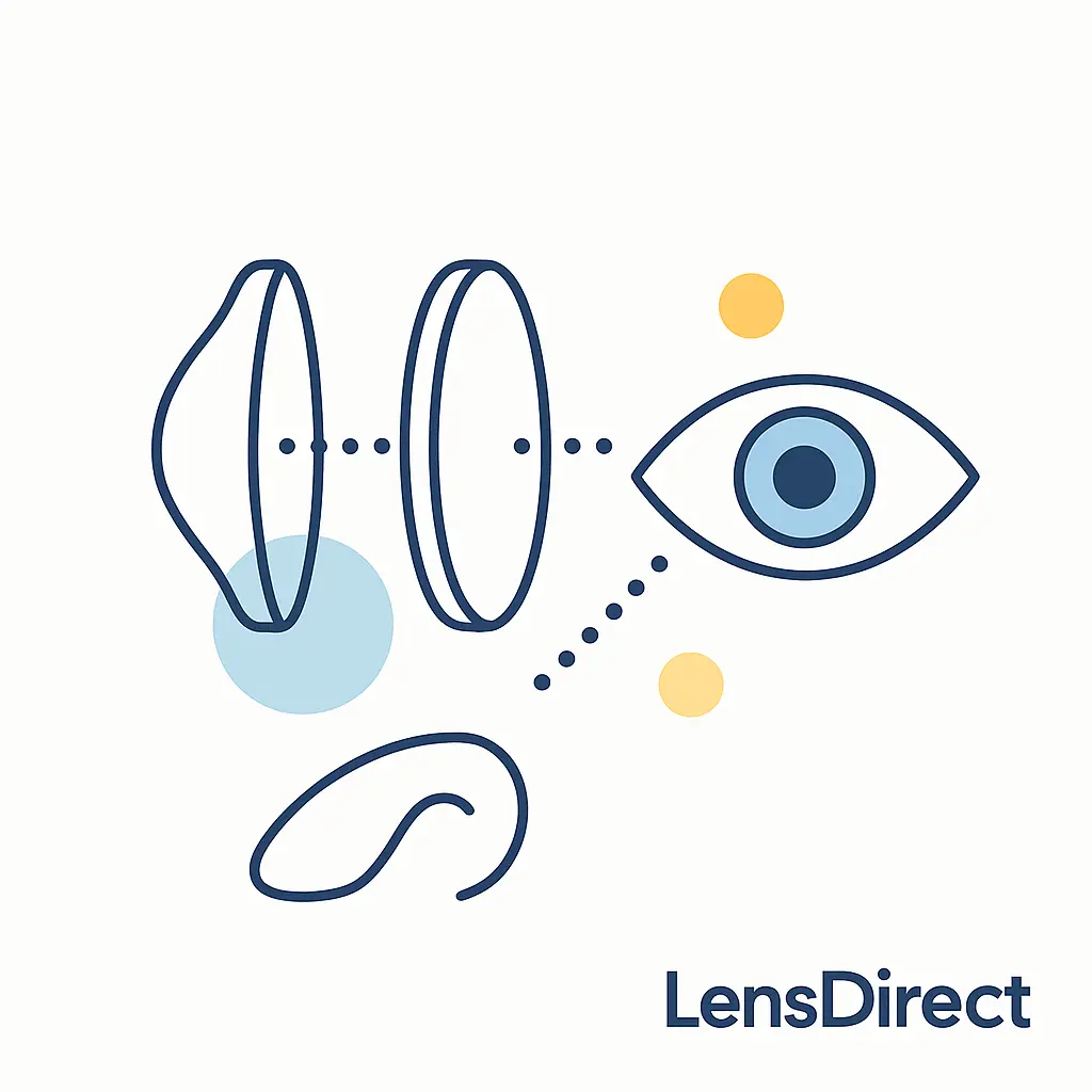 Irregular and normal lenses link by dotted lines to an eye, illustrating how astigmatism alters lens curvature.