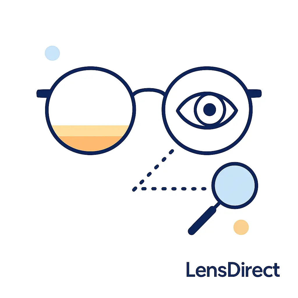 A layered lens design with dotted lines highlights added magnifying power for near vision in bifocal or progressive lenses.