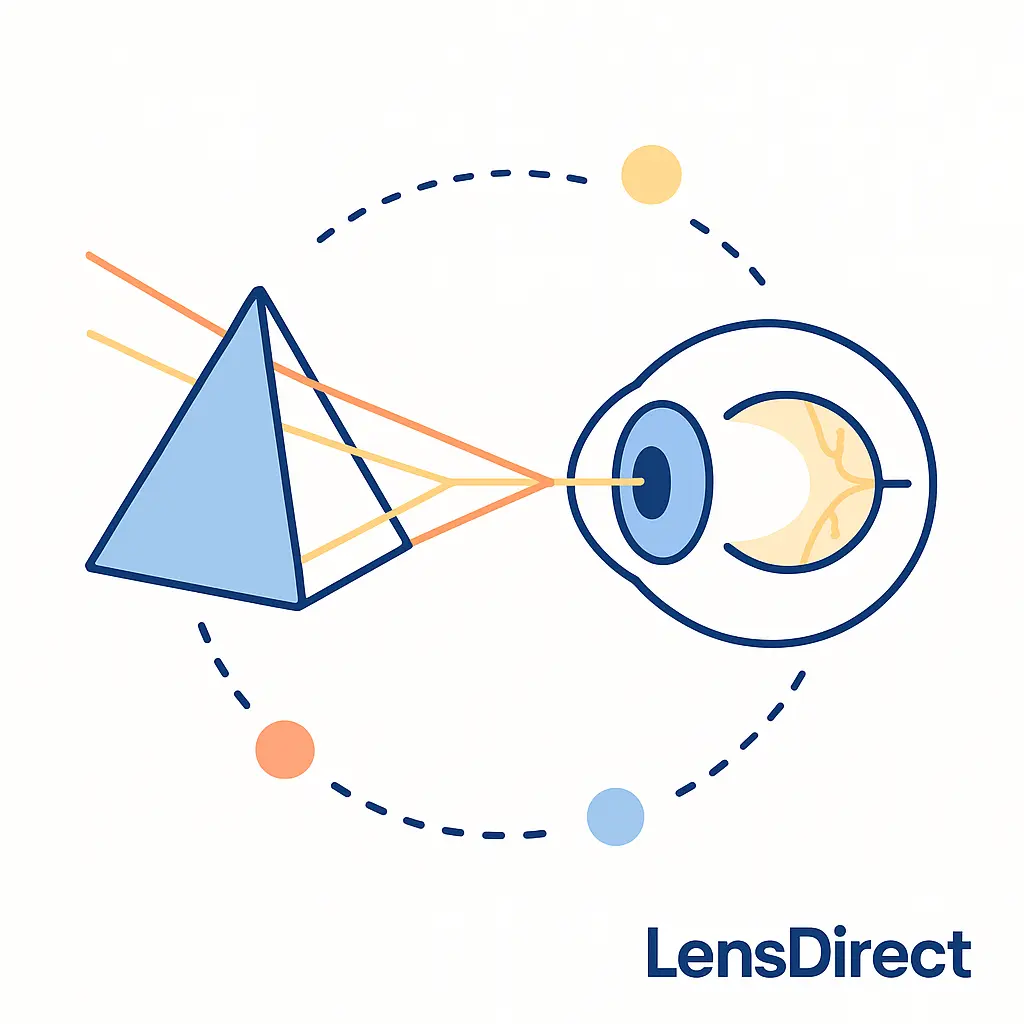 A triangular prism splits light beams into one retina with dotted arcs, representing prism correction for double vision.