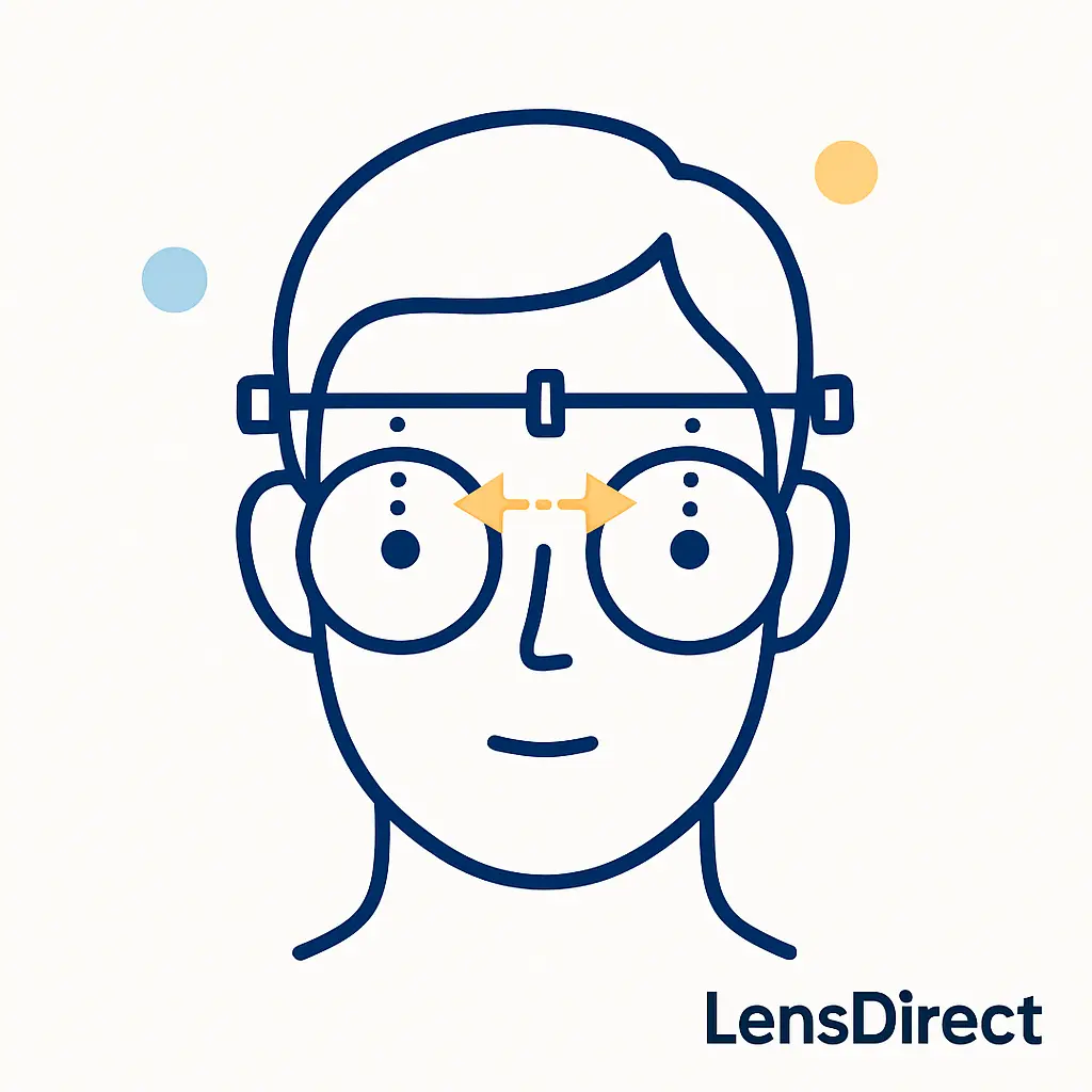 A face with a ruler across the eyes and arrows indicates measuring the distance between pupils for proper lens alignment.
