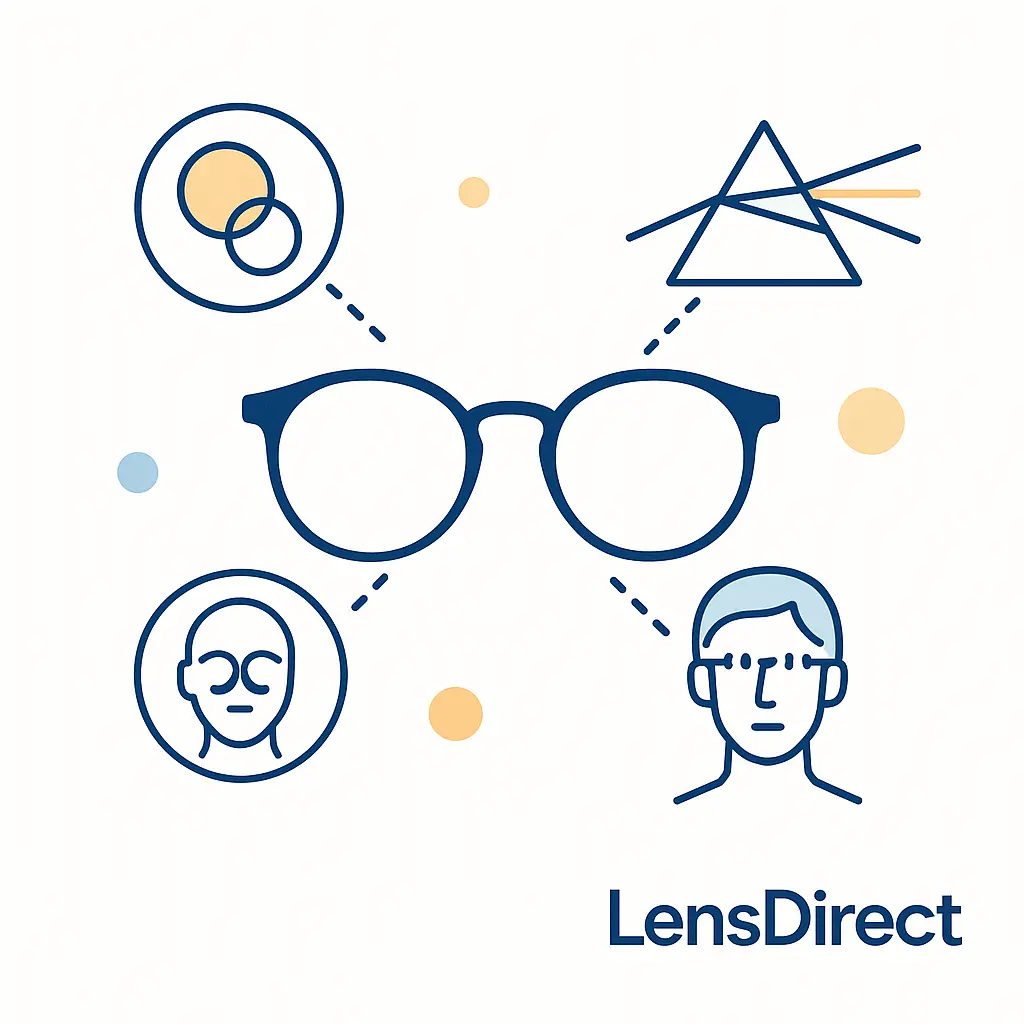 Icons for additional magnification, prism correction and pupillary distance surround glasses connected by dotted lines.