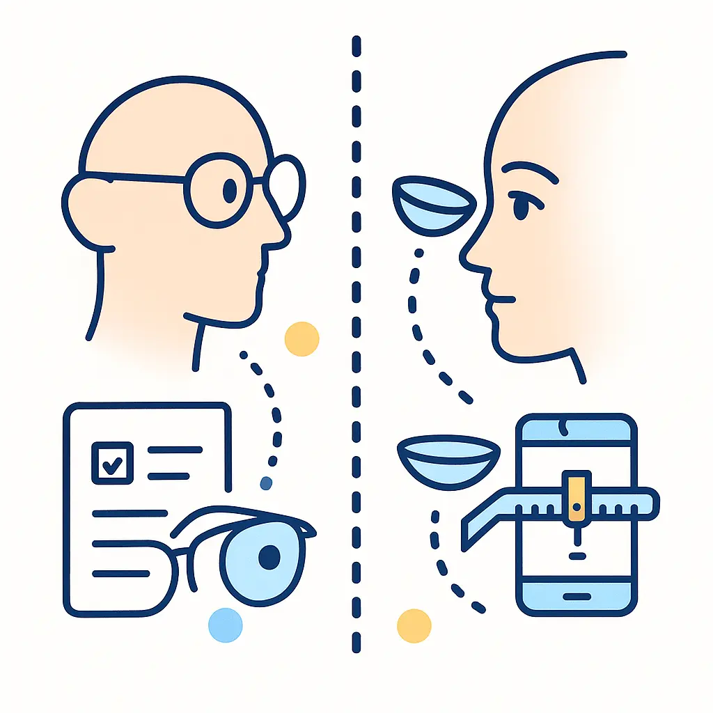 Split view compares glasses with paper prescriptions to contacts fitted directly on the eye using measurement tools.