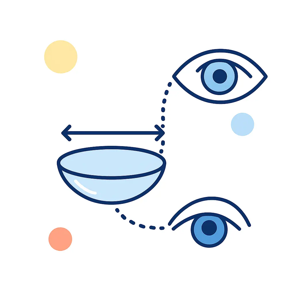 A contact lens with a double-headed arrow and dotted lines to eyes conveys the importance of proper diameter fitting.