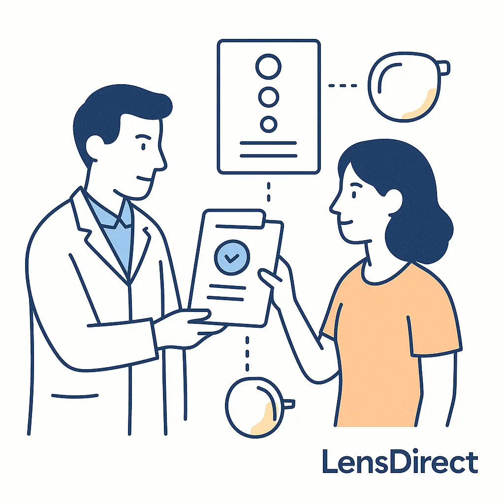 An eye doctor hands a patient a prescription, with dotted lines connecting to an abstract lens symbolizing guidance.