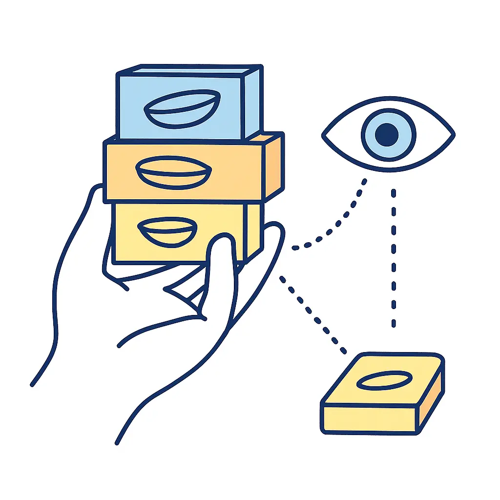 A hand holds stacks of generic contact lens boxes linked by dotted lines to an eye, symbolizing brand-specific fitting.