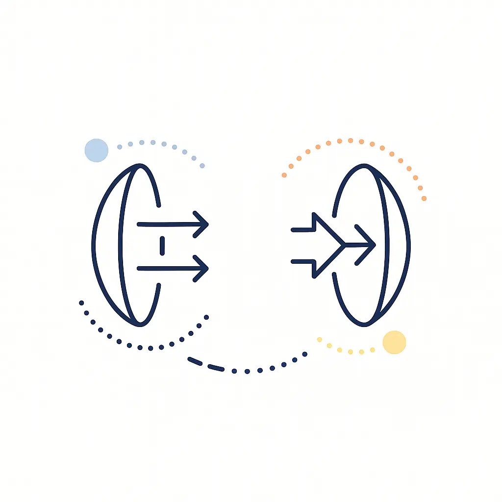 Two lenses show inward and outward arrows with dotted arcs, depicting positive and negative lens power differences.
