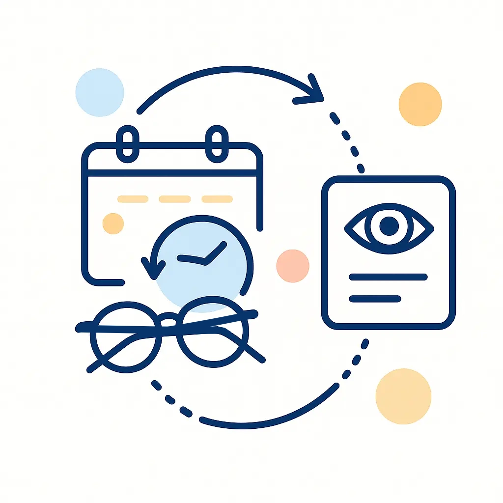 A calendar with glasses and a circular arrow connects to an eye exam card, reminding viewers to update prescriptions.