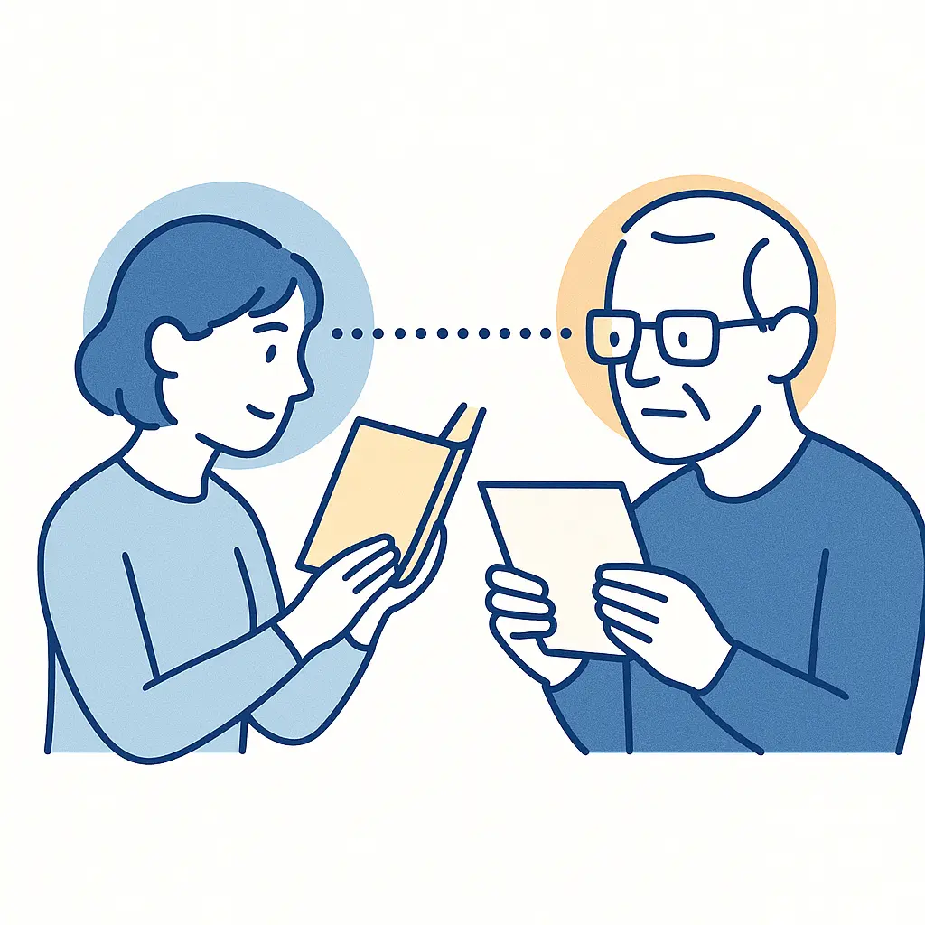 A young person reads close up while an older person reads at arm's length, connected by dots to illustrate presbyopia.