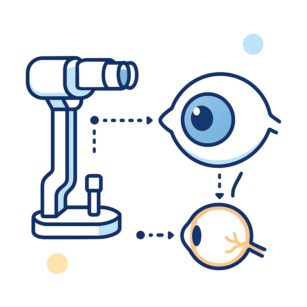 A diagnostic instrument scans an eye with dotted lines to the retina and optic nerve, emphasizing early disease detection.