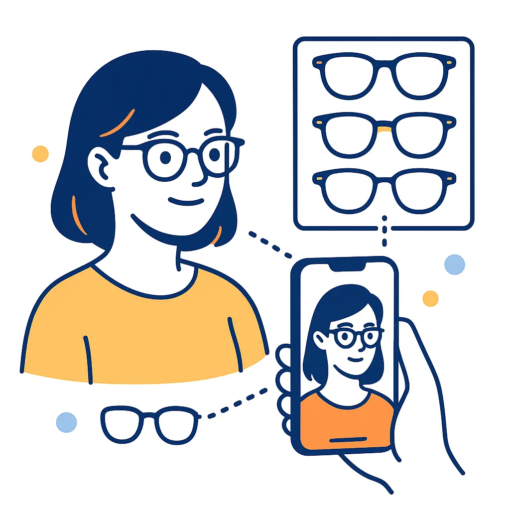 A person uses a smartphone showing their face with glasses while dotted lines connect to a rack of frames for virtual try-on.
