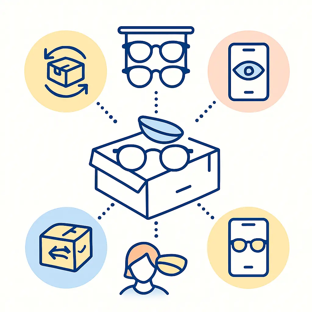 A central box of eyewear links to icons for subscription, online tests and virtual try-on, summarizing available services.