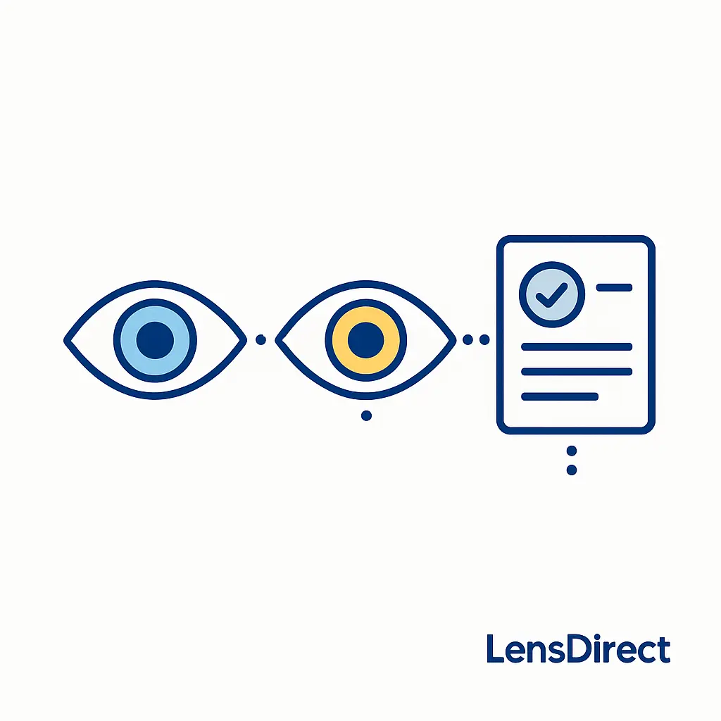 Two stylized eyes and a document icon are connected by dotted lines, representing OD, OS, and prescription basics.
