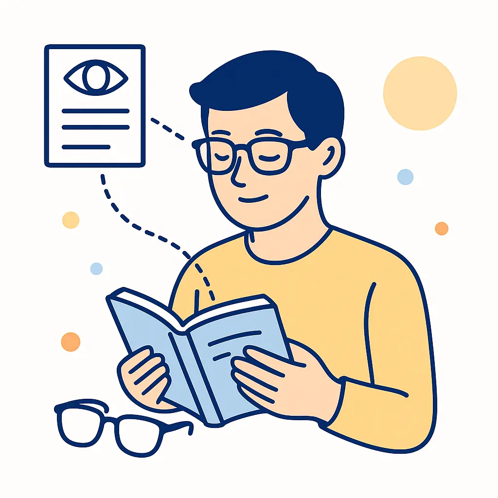 A person confidently reads a book while dotted lines connect to a prescription card, symbolizing empowerment through knowledge.