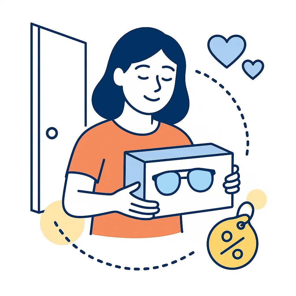 A smiling person receives an eyewear package at their door with dotted lines to discount tags and hearts, highlighting convenience.