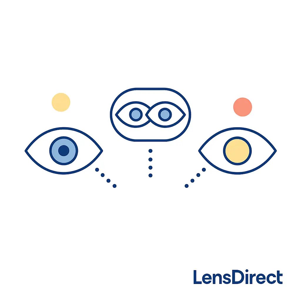 Two eyes link to a combined eye icon with dotted lines, illustrating OD, OS and OU in a simple graphic.