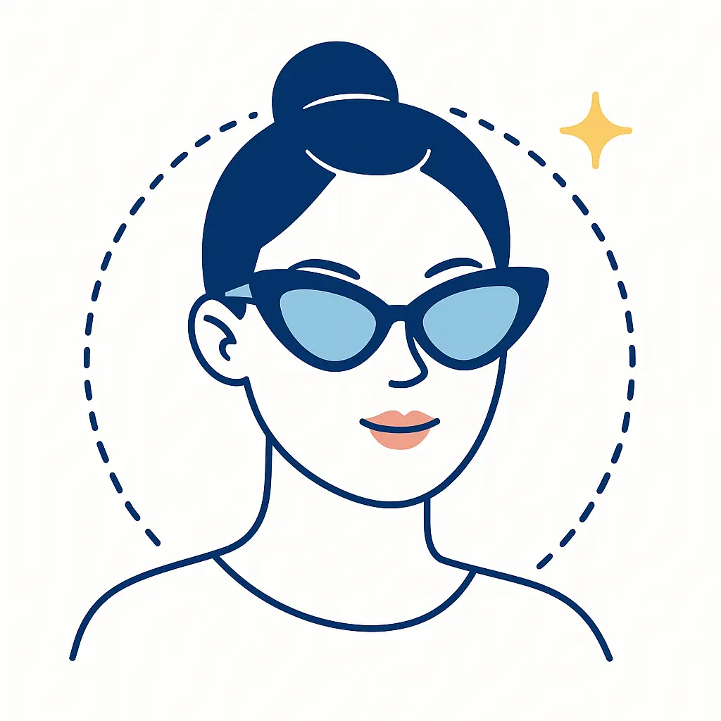 Graphic showing sunglasses blocking harmful UV rays from the sun, using rays and shield motifs within the brand’s color palette.