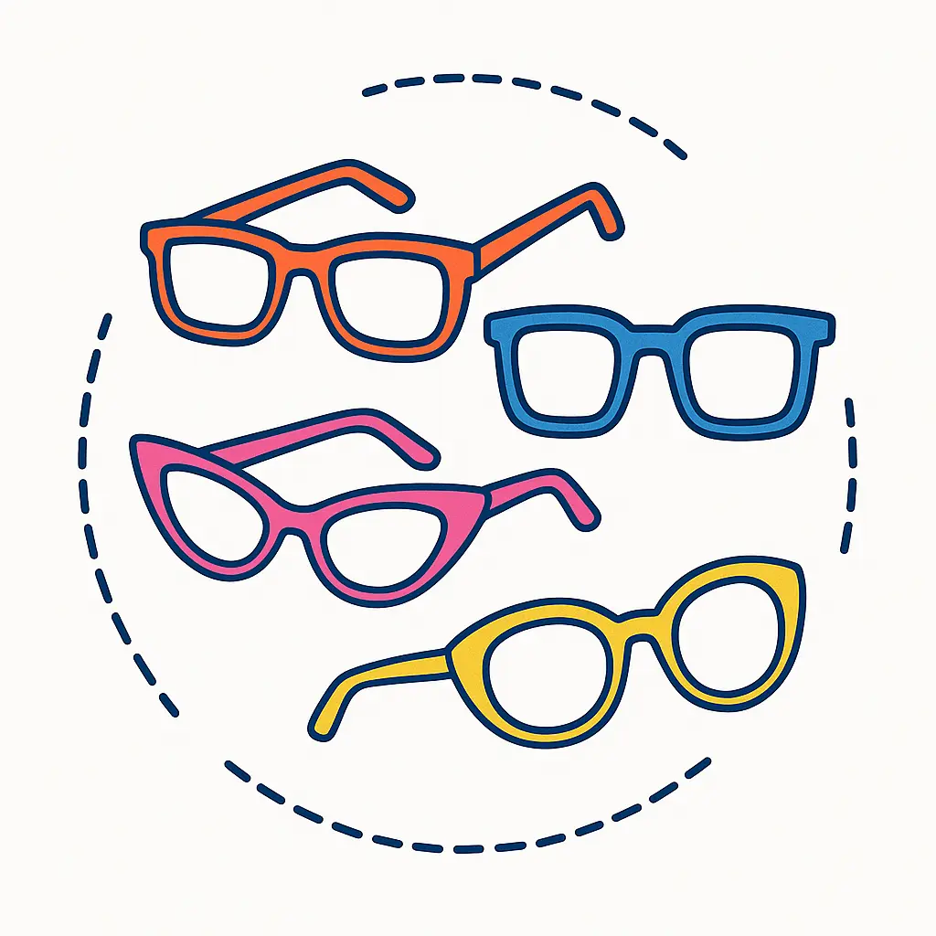 Collection of trendy sunglasses styles for 2025 displayed in a neat row, featuring modern shapes and pastel accent colors.