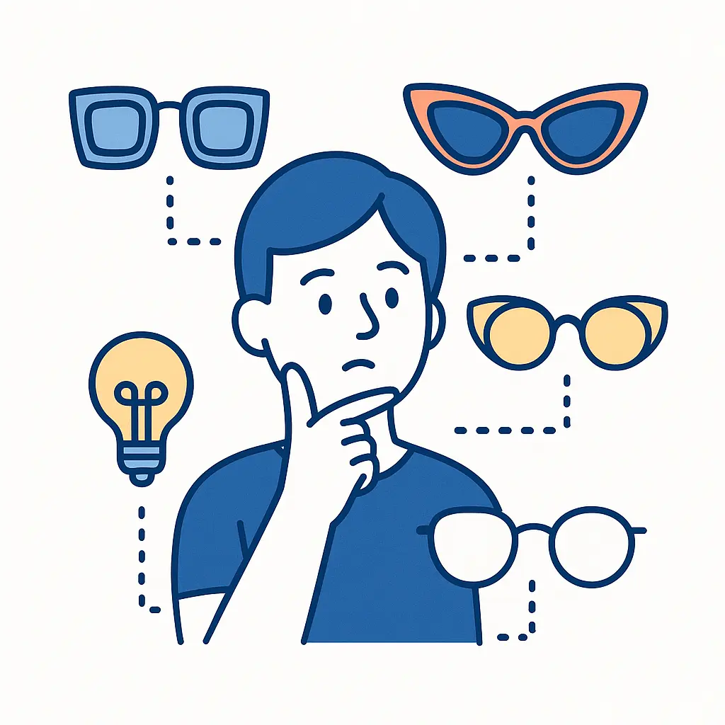 Child wearing playful sunglasses sized for smaller faces, drawn in a minimal, cute style with pastel highlights.