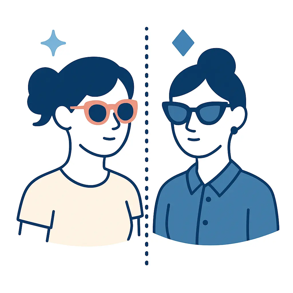 Side by side comparison of a square and round face wearing different glasses, demonstrating the effect of frame choice.