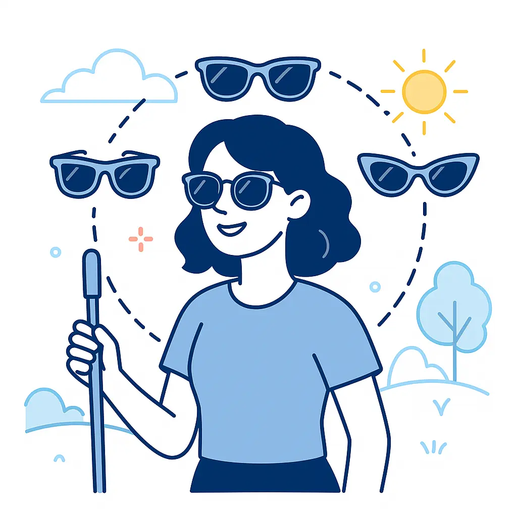 Illustration of sunglasses made from eco-friendly materials like bamboo or recycled plastics, underlining sustainability.