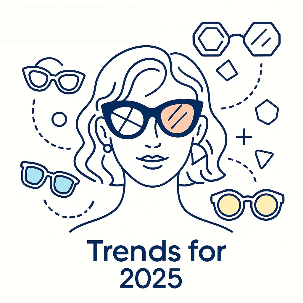 Illustration of cat-eye and round frames symbolising top women's sunglasses trends for 2025.