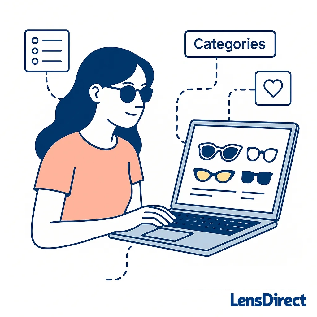 Illustration of a woman shopping for sunglasses online with filters and categories displayed.
